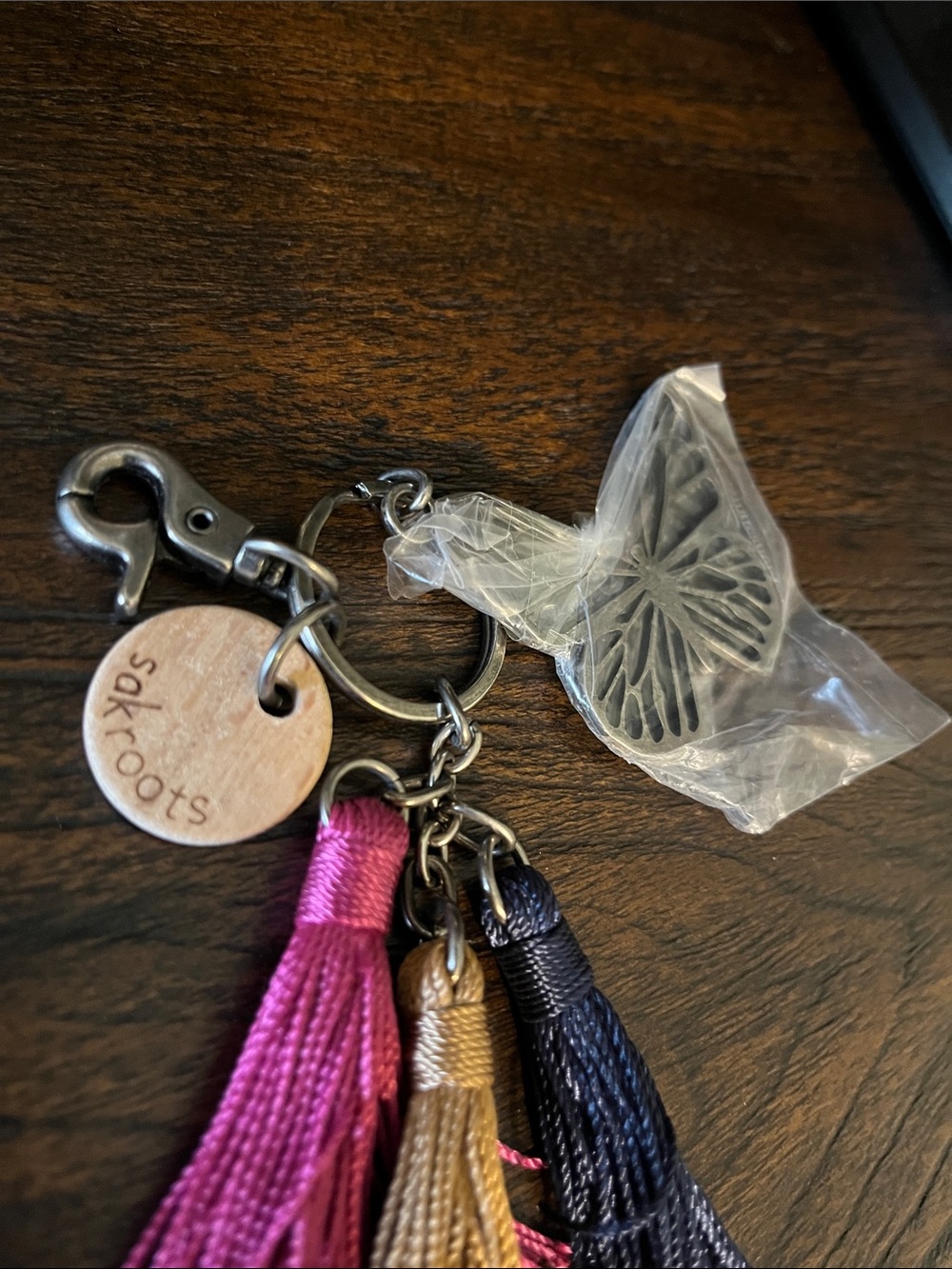 Sakroots Butterfly Triple Tassel Keychain in Pink, Gold, Navy - Picture 2 of 2